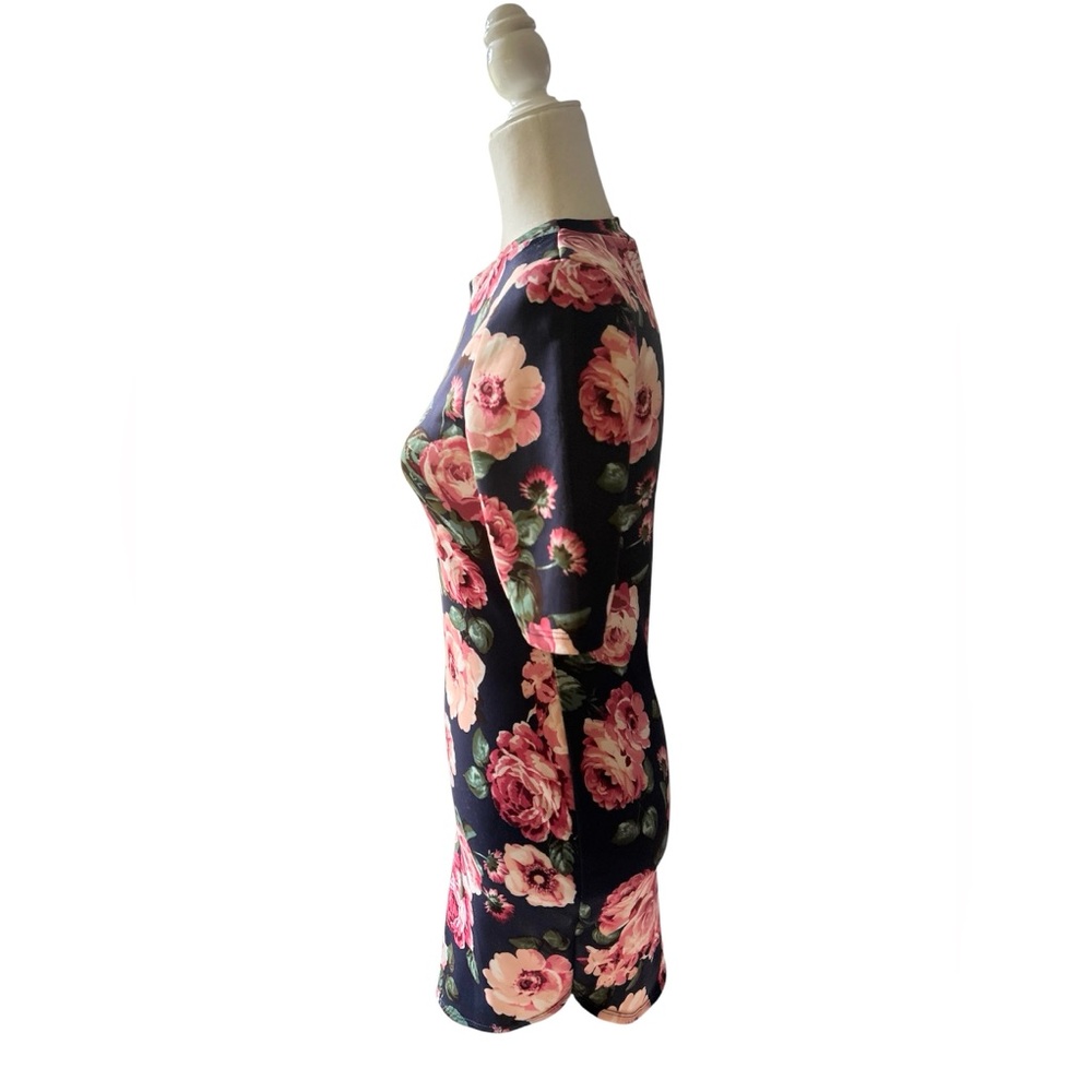 Floral Bodycon Dress Navy Pink Roses Half Sleeve Fitted Sheath Dress - Picture 3 of 9